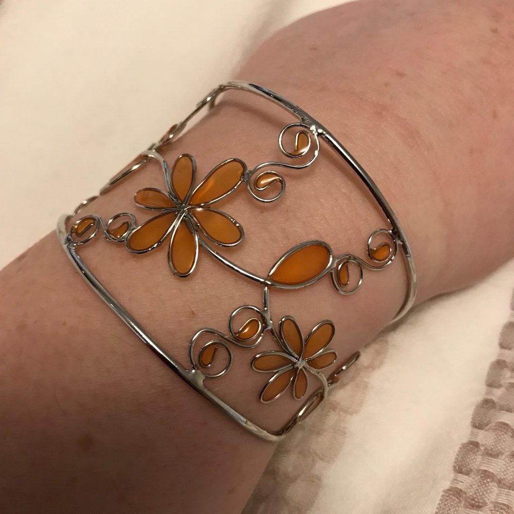 Metal Open-Work Floral Statement Cuff - silver tone